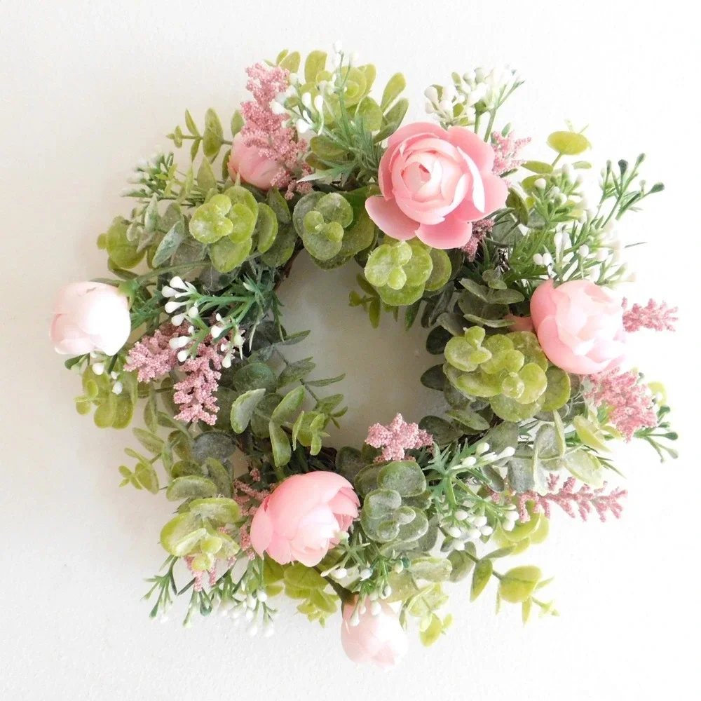 Dusty Miller Mini Wreath, Eucalyptus,‎ Pink Flowers, Candle Ring